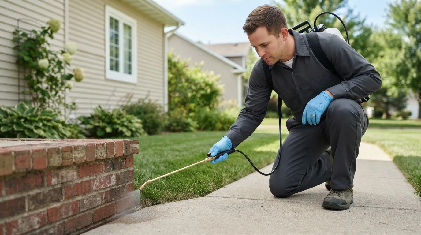 Pest control technician treating a home near Long Creek, OR